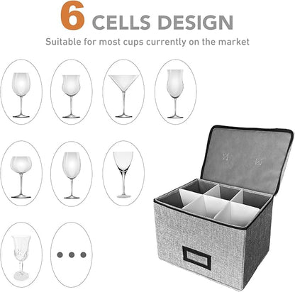 HURZMORO Stemware Storage Cases, Wine Glass Storage Box Containers for Glassware or Crystal, Holds 6 Red or White Glasses, Hard Top and Sides (Grey, Mug and Wine Glass Storage Box, 6 Compartments)