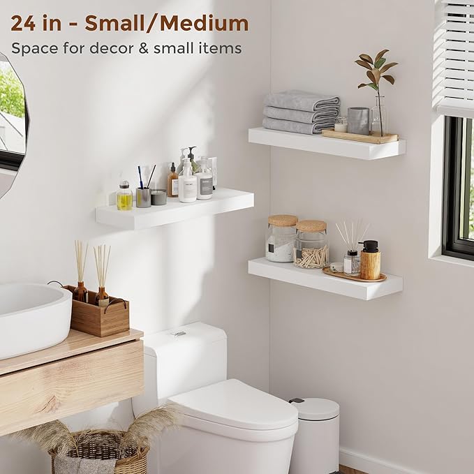 Heimlove 16 Inch Floating Shelves for Wall White Shelves Set of 2,Wall Mounted Rustic Wood 8 Inch Deep Floating Shelf with Invisible Brackets for Bedroom Kitchen Living Room