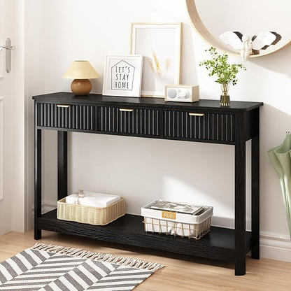 Set of 2 Console Table with Drawers, Modern 47.1" Entryway Table with Storage Shelf, Boho Narrow Skinny Behind Couch Wood Sofa Table for Living Room Hallway Entrance Foyer,Black