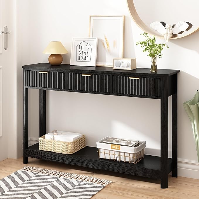 Fluted Console Table with Drawers, Modern 47.1" Entryway Table with Storage Shelf, Boho Narrow Skinny Behind Couch Wood Sofa Table for Living Room Hallway Entrance Foyer, Black