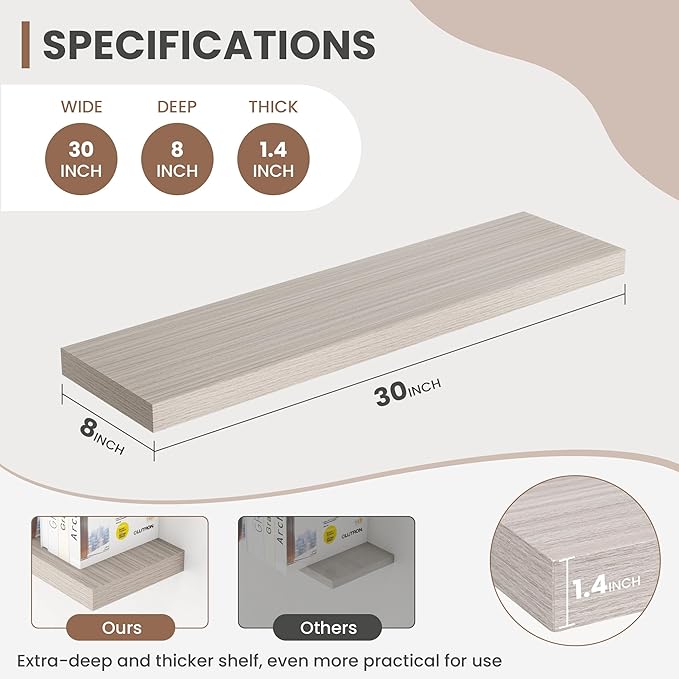 Acovy 30 Inch Floating Shelves, 8 Inch Deep Floating Shelves for Wall, Hanging Shelf with Invisible Brackets, Deep Shelves for Bathroom, Bedroom, Living Room, Grey, Set of 2