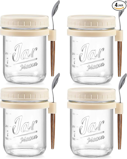 LANDNEOO 4 Pack Overnight Oats Containers with Lids and Spoons, 16 oz Glass Mason Jars with Airtight Lids, Overnight Oats Jars for Milk, Cereal, Fruit-Beige