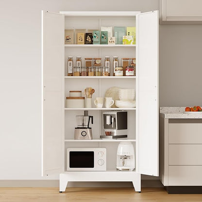COFaR 71 in Tall Kitchen Pantry Cabinet, Metal Pantry Storage Cabinet with 4 Adjustable Shelves and 2 Barn Doors, White Freestanding Farmhouse Food Cupboard for Dining Room Living Room