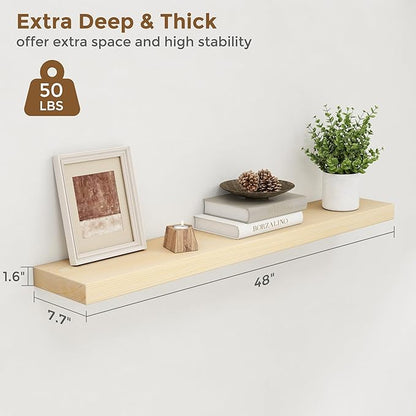 Marsmiles 48 Inch Floating Shelf | Unfinished Natural Wood Floating Shelves for Wall | 48" W x 7.7" D x 1.6" H Natural Wooden Shelves for Living Room Bathroom Kitchen