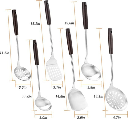 FJNATINH Cooking Utensils Set with Wood Handle, 6 PCS Wok Utensils Tools - Wok Accessories Cookware Set
