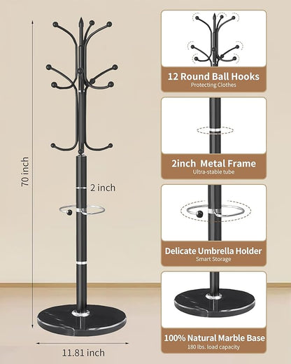 EZIVIEZ Modern Coat Rack Stand, Metal Freestanding Coat Rack with Natural Marble Base, Heavy-Duty Coat Racks with Umbrella Holder,Black Coat Hanger Stand with 12 Hooks for Office, Entryway, Hallway