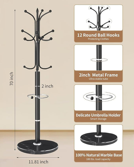 Modern Coat Rack Stand, Metal Freestanding Coat Rack with Natural Marble Base, Heavy-Duty Coat Racks with Umbrella Holder,Black Coat Hanger Stand with 12 Hooks for Office, Entryway, Hallway