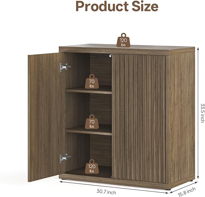 31” Sideboard Cabinet with Storage, Fluted Accent Cabinet with Adjustable Shelves, Modern Wood Credenza Cabinets with Pop-up Doors for Entryway Kitchen Living Room Hallway, Brown 3 Pcs