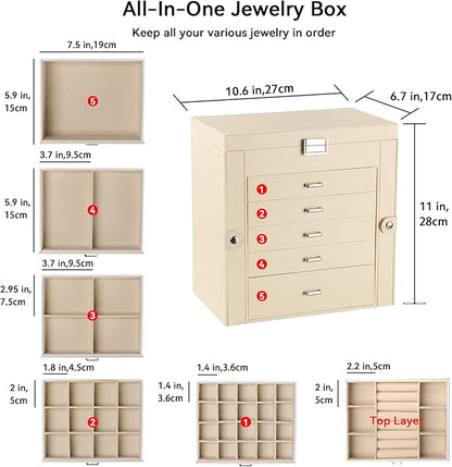 Frebeauty Large Jewelry Box,6-Tier PU Leather Jewelry Organizer,Multi-functional Storage Case with Mirror,Accessories Holder with 5 Drawers for Necklace Bracelets Watches(Beige)