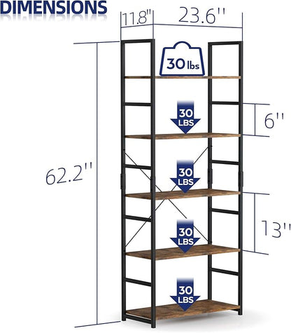 NUMENN 5 Tier Bookshelf, Set of 2 Tall Bookcase Shelf Storage Organizer, Modern Book Shelf for Bedroom, Living Room and Home Office, Vintage