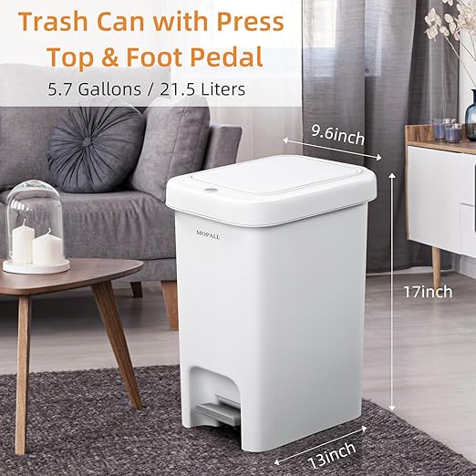 MOPALL 21.5L/5.7Gal Slim Bathroom Trash Can with Lid Soft Close, Bathroom Garbage Can with Press Top Lid & Foot Pedal, Step Trash Bin Wastebasket Waste Bin for Home, Kitchen, Garage, Apartment, Office