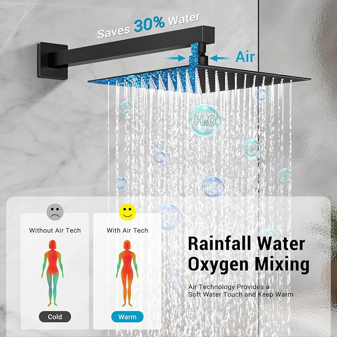 10" Rain Shower Faucet Set with Tub Spout, Matte Black | Anti-scald cartridge, air tech boosts pressure 50%, 3-func diverter, NPT 1/2