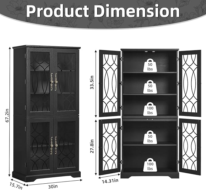 67" Tall Pantry Cabinet Set of 3, Vintage Kitchen Pantries Cabinets with Glass Doors & Adjustable Shelves, Wood Cupboard with Large Storage for Dingning Room, Bathroom, Black