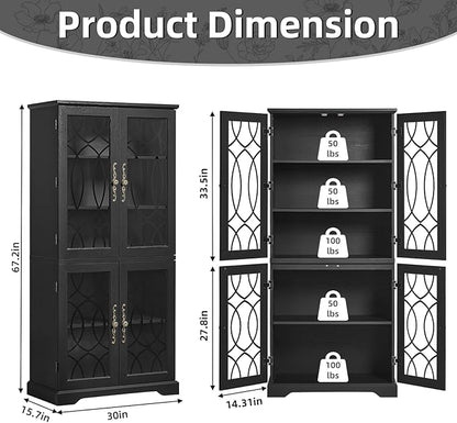 67" Tall Pantry Cabinet Set of 3, Vintage Kitchen Pantries Cabinets with Glass Doors & Adjustable Shelves, Wood Cupboard with Large Storage for Dingning Room, Bathroom, Black