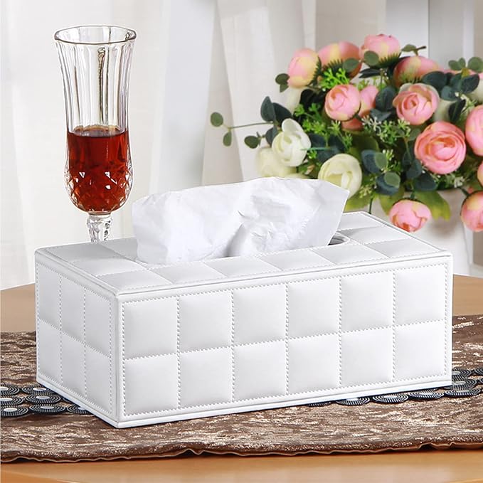 High-end Fashion Pu Leather Tissue Box Holder Cover Rectangular,Napkin Facial Tissues Cube Dispenser,Tissue Cover Decorative Container with Magnetic Bottom for Home Office Car (White)