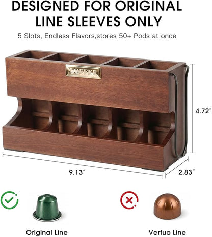 Wood Pod Dispenser Designed for Nespresso Original Line Capsules, Freestanding Countertop Pods Rack, Coffee Pods Holder for Home Office Kitchen Counter, Dispenses 5 Coffee Flavors (Brown) (5 Columns)