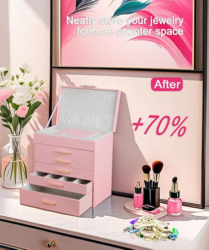 BOOVO Jewelry Boxes for Women, White and Black 6 Layer Large Jewelry Box for Necklace, Bracelet, Earrings, Rings Storage, Jewelry holder Organizer for Girls Gift (Pink, 6 layer)