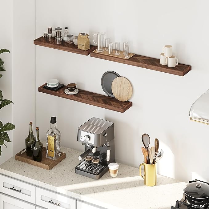 Howizz 24" Acacia Chevron Floating Shelves Set of 2 - Wall Mounted Wooden Shelf for Stylish Home Décor - Walnut Color - 24x6.7x1.5 Inches