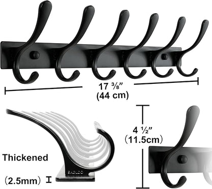 SKOLOO Heavy Duty Wall Mounted Coat Rack - 6 Hooks, Stainless Steel, Pack of 2, Sturdy Coat Hooks for Hanging Clothes, Jacket, Hat, Black