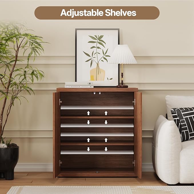 31” Sideboard Cabinet with Storage, Fluted Accent Cabinet with Adjustable Shelves, Modern Wood Credenza Cabinets with Pop-up Doors for Entryway Kitchen Living Room Hallway, Walnut 4pcs