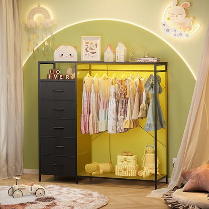 47 Inch Black Dresser with LED Lights & Hanging Rack, 5 Drawer Fabric Dresser with Charging Station and Shelves, Tall Closet Organizer for Bedroom Clothes Storage