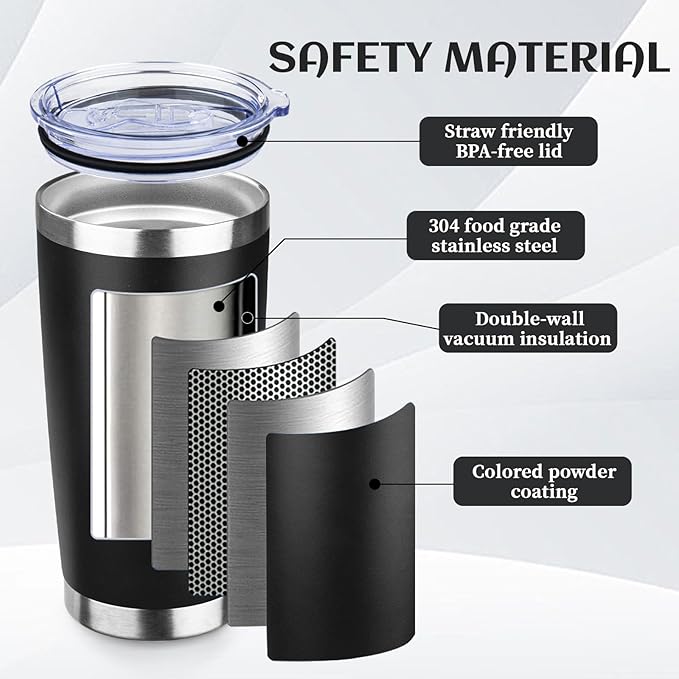20oz Tumbler Bulk with Lid and Straw, Stainless Steel Double Wall Vacuum Insulated Travel Mug, Powder Coated Coffee Cups for Hot and Cold Drinks,Funny Gifts for Women Men(Black,6)