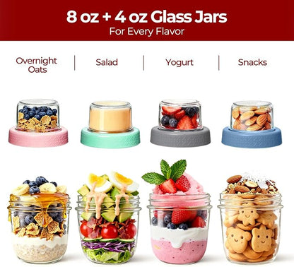 Glass Yogurt Parfait Cups with Lids, 8oz+4oz Reusable Overnight Oats Containers (4 Pack), Dual-Layer Leak-Proof Meal Prep Jars, 4 Colors Set for Snacks, Office Lunch — Blue, Gray, Green, Pink