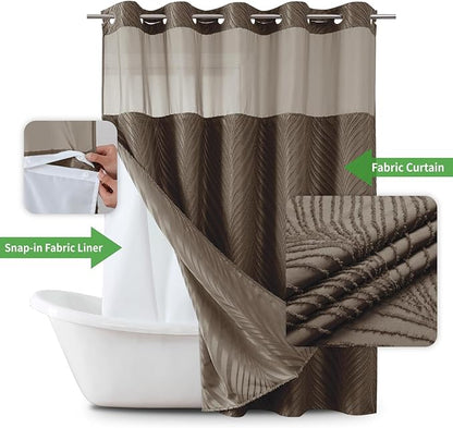no Hook Shower Curtain and Liner Set，Boho Style with See Through Top Window, Brown Fabric Tufted Striped Textured Outer Curtain & Waterproof Inner Liner, Brown, 71Wx77H