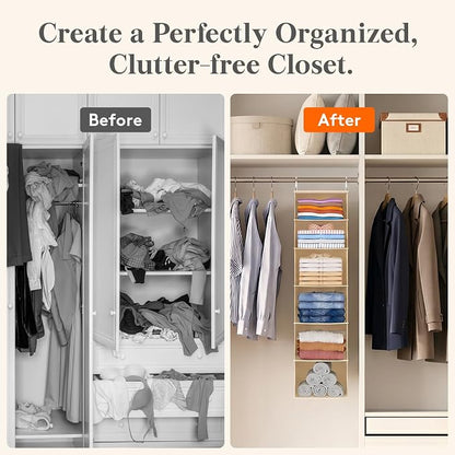 Lifewit 6 Tier Hanging Closet Organizer and Storage for Shelves, 1 Pack Foldable Clothes Shelf with 2 Sturdy Hooks, Sweater/Coat/Shoes Clothing Organization for Wardrobe, Dorm, Bedroom, Beige