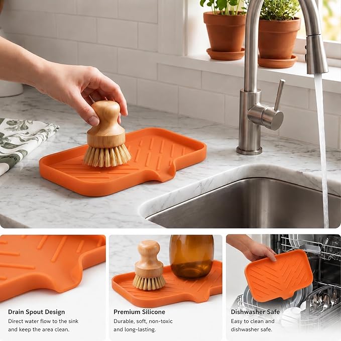 MicoYang Silicone Soap Dish with Drain Spout — Self-Draining Sink Organizer Tray for Bathroom & Kitchen, Sponges, Dispensers & Soap Holder, Non-Slip & Dishwasher Safe, Orange (Medium, 9.6"×5.3")