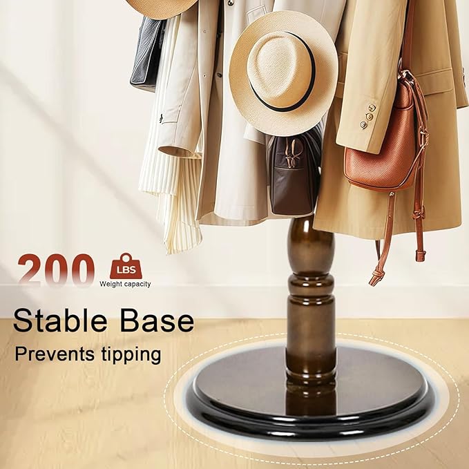 Wooden Coat rack freestanding, Coat racks stand with 14 Hook, Heavy duty coat tree standing 3 Adjustable Heights for Bedroom, Entryway, Hallway, Office,Stury Base (Light brown)