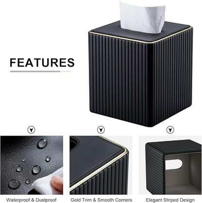 KINGFOM Tissue Box Cover, PU Leather Square Tissue Box Holder for Kleenexs with Magnetic Bottom Cover for Facial Tissues/Napkins, Office & Living Room Decor Box Black