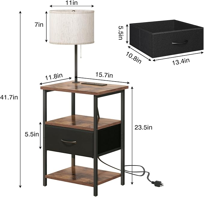 Fixwal Nightstand with Lights Bedside Table with 3 Color Temperatures Bulb, Night Stand with Charging Station End Table with Adjustable Fabric Drawer for Bedroom Dorm
