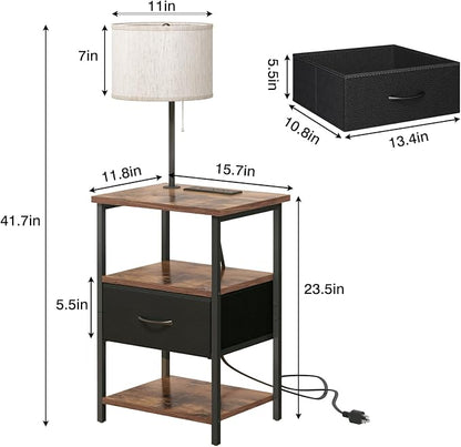 Fixwal Nightstand with Lights Bedside Table with 3 Color Temperatures Bulb, Night Stand with Charging Station End Table with Adjustable Fabric Drawer for Bedroom Dorm