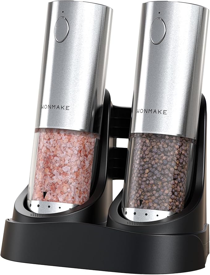 Electric Salt and Pepper Grinder Set - Automatic Refillable Salt and Pepper Grinders with Charging Base & LED Light, 6-Level Adjustable Coarseness with External Dial, Ideal Kitchen Gadget，Silver