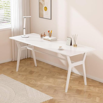 Solid Wood Study Desk - 63" Double Long Computer Table for Home Office, 2-Person PC Workstation, White