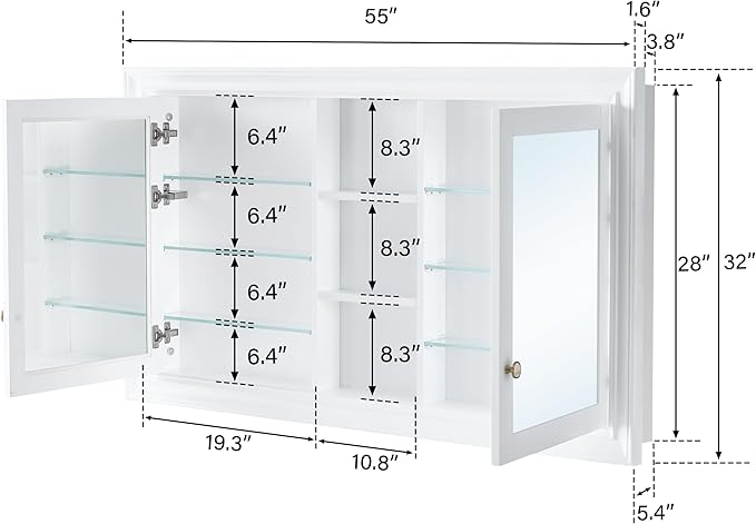 WELLFOR 55"x 32" Bathroom Medicine Cabinet with Dual Mirrors, Recessed Wood Medicine Cabinet with Built-in 6-Tier Adjustable Glass Shelves and 2 Soft-Close Doors, Recessed Mount Only