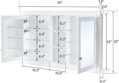WELLFOR 55"x 32" Bathroom Medicine Cabinet with Dual Mirrors, Recessed Wood Medicine Cabinet with Built-in 6-Tier Adjustable Glass Shelves and 2 Soft-Close Doors, Recessed Mount Only