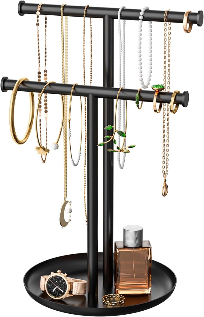 Necklace Rack Stand with Storage Tray - 2 Rods T-Shaped Jewelry Holder Stand for Bracelets, Earrings, Rings | Elegant Vanity & Dresser Top Storage for Women, Black.