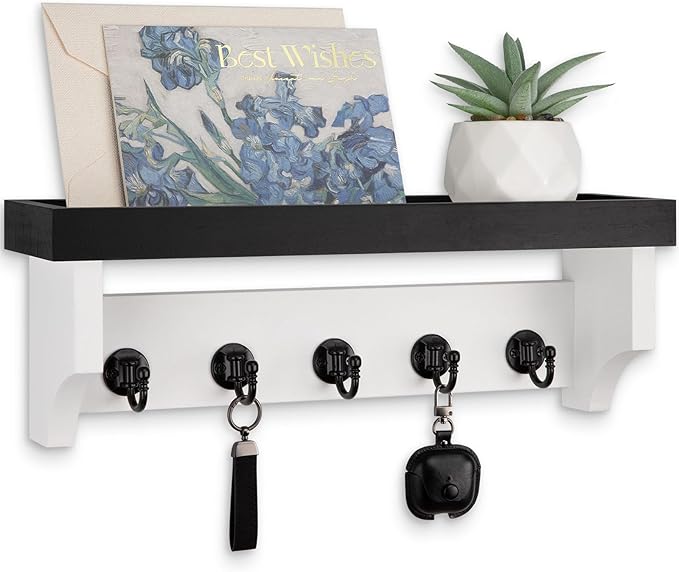 Key and Mail Holder Wall Mount, Key Holder with Shelf and Mail Organizer Wall Mount. Mail Holder with 5 Hooks for Coat, Dog Leash, Home Decor Rack, Entry Way Organizer (Black & White)