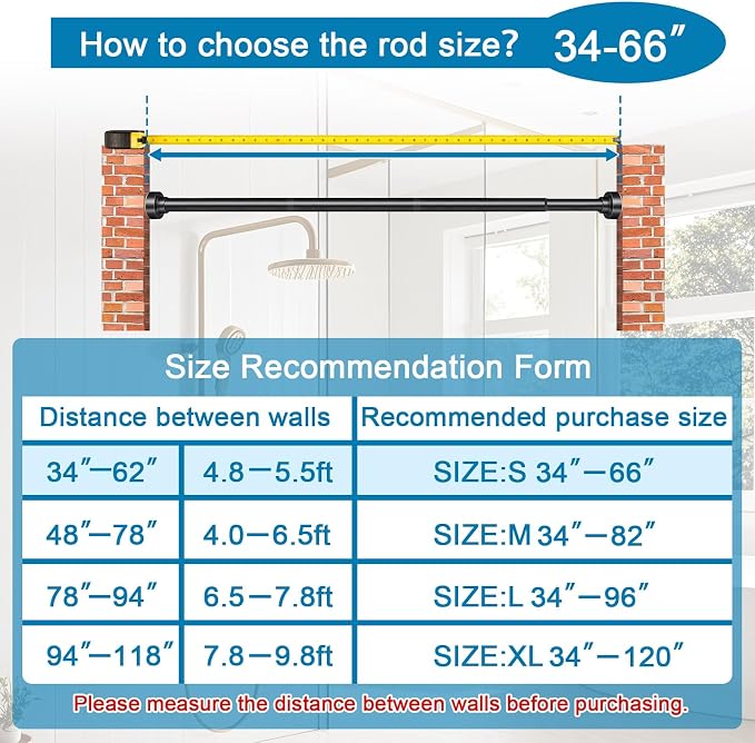 YNL Tension Shower Curtain Rod 34-66 Inch, Adjustable Spring Tension Curtain Rod No Drilling, Non-Slip, Never Rust, Stainless Steel, for Small Window Laundry Door Entryway, Matte Black