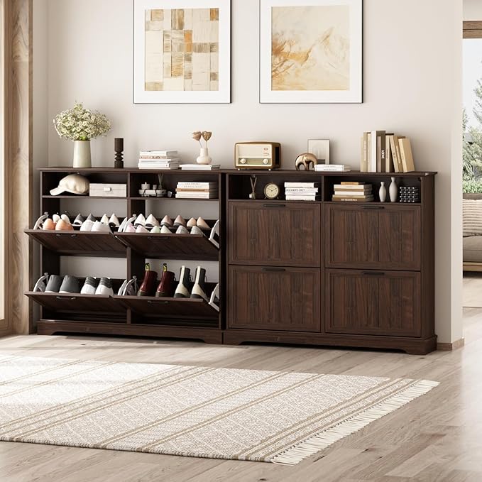 Shoe Storage Cabinet with 4 Flip Drawers, Farmhouse Modern Hidden Shoes Rack Cabinet with Adjustable Shelves & Open Storage, Narrow Slim Shoe Organizer for Front Door Entrance, Entryway, Walnut