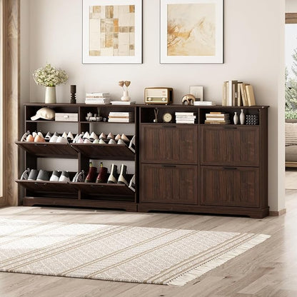 Shoe Storage Cabinet with 4 Flip Drawers, Farmhouse Modern Hidden Shoes Rack Cabinet with Adjustable Shelves & Open Storage, Narrow Slim Shoe Organizer for Front Door Entrance, Entryway, Walnut