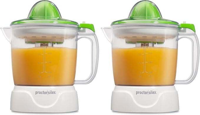 Proctor Silex Electric Citrus Juicer Machine, Large 34 oz. Pitcher, Pressure Activated, 2 Reamers for Big and Small Fruit, Pulp Control, for Orange, Lemon, fruit Juice, White,Green (66340) (Pack of 2)