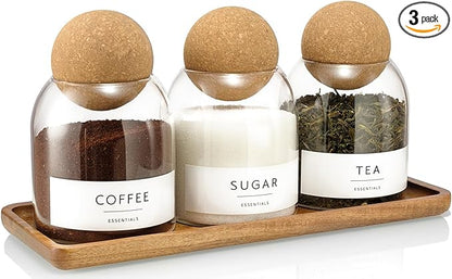 Glass Jars with Cork Lids, 3 Pack Small Decorative Jars with Acacia Tray, Bathroom Qtip and Cotton Ball Holder Set, Cute Coffee Bar Containers for Sugar Candy Tea, Apothecary Jars (17oz)