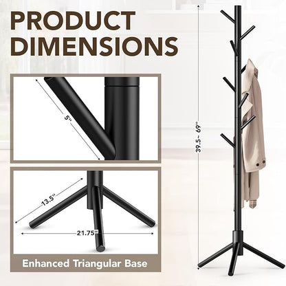 Hupmad Wooden Tree Coat Rack Stand,Sturdy Freestanding Coat Rack with 8 Hooks,3 Adjustable Height for Child Adult,Wood Coat Stand Tree Fits Entryway Bedroom Office for Bags,Hats, 2 Pack