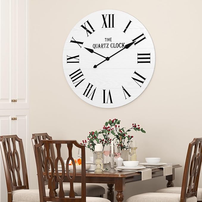 ARTPOWER Large Farmhouse Wall Clock, 35.5” Shiplap Wall Clock with Roman Numeral, Nearly Non-Ticking, Round Wall Clocks for Living Room Decor, Office, Bedroom, Entrance, White