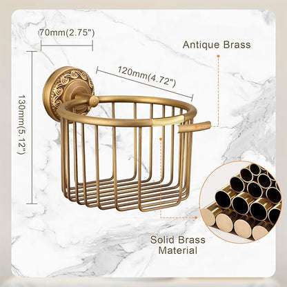Vintage Wall-Mounted Toilet Paper Holder with Wire Basket Design, Antique Brass, Wall-Mounted Bath Hand Towel Holder with Braiding Carvings, Vintage Style.