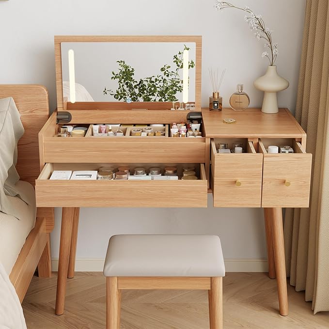 Solid Wood Vanity Desk With Flip Top Mirror And Lights, Mild Century Dressing Table Wooden 4 Drawers Storage, 40 Inch Large Make Up Vanity With 3 Lighting Modes Original, Wood Color (With Adapter)