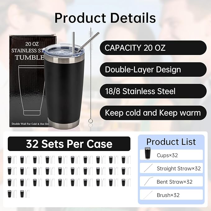 IEOVIEE 32 Pack, 20oz Stainless Steel Bulk Tumblers with Lids and Straws, Double Wall Insulated Travel Coffee Mug, Durable Powder Coated Tumbler Bulk Cup for Cold and Hot Drinks(Black)